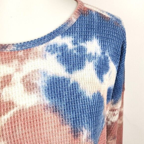 CLOUD CHASER Tie Dye Waffle Knit Long Sleeve Cozy Crop Top Open Back Womens M - Picture 2 of 7